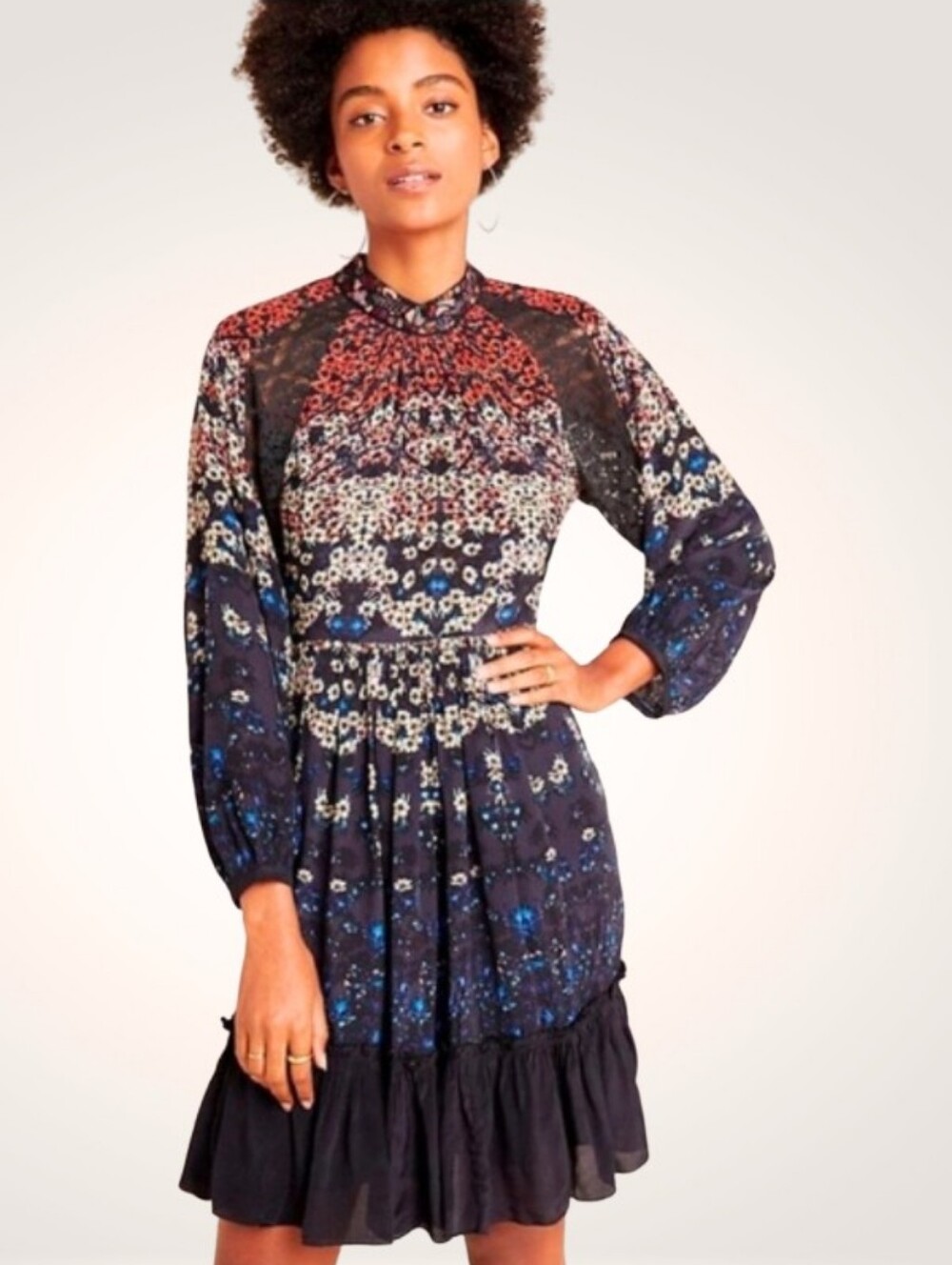 Anthropologie X Bhanuni by Jyoti Floral Lace Accent Long Sleeve Mini Dress XS